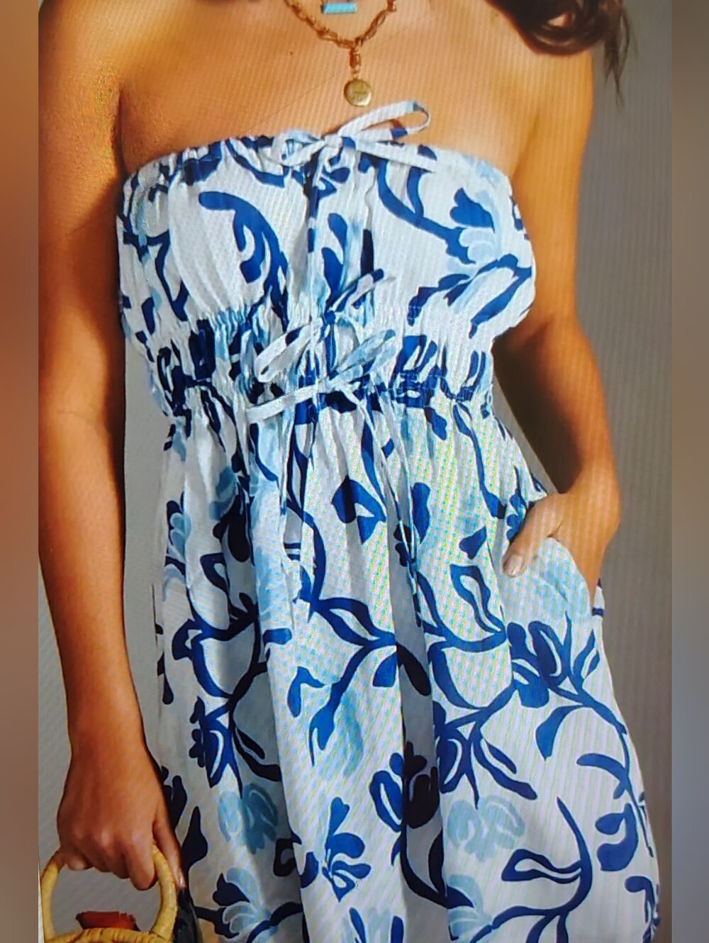 Faithful the Brand Palmira Linen Blue & White Strapless Dress Sz 4